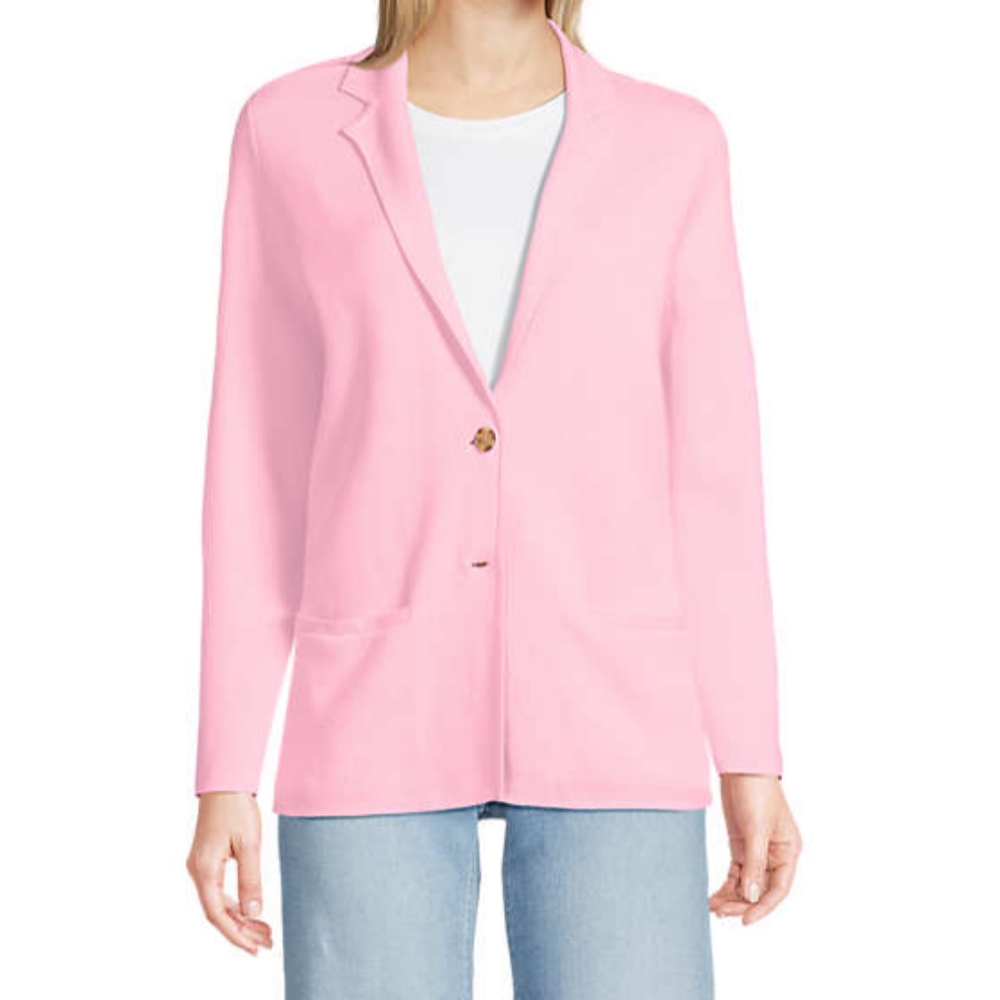 Lands' End Rose Pink Fine Gauge Cotton Button Front Sweater Blazer Sz XL EUC
